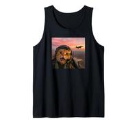 Vintage Fighter Pilot Cat Cool Look Aviación Selfie Art Camiseta sin Mangas