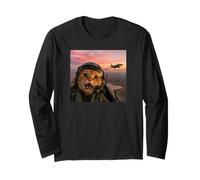 Vintage Fighter Pilot Cat Cool Look Aviación Selfie Art Manga Larga
