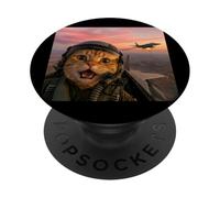 Vintage Fighter Pilot Cat Cool Look Aviación Selfie Art PopSockets PopGrip Adhesivo