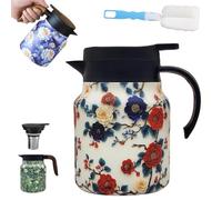 Vintage Floral Teapot With Built In Infuser, V-Shaped Spout Multi-Layer Heat Retention Stainless Steel Kettle, Spill-Free Thermal Carafe With Lid For Hot Drinks Loose Tea
