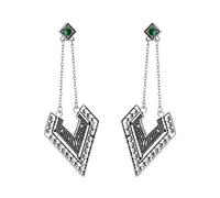 Vintage Geometric Tassel Earrings, Large Antique Silver Drop Earrings with Green Gemstone for Women Daily Wear & Special Occasions
