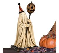 Vintage Ghost Figurine - Glowing Pumpkin Staff, Halloween Statue Display