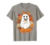 Vintage Halloween Ghost Holding Pug Groovy Floral Camiseta