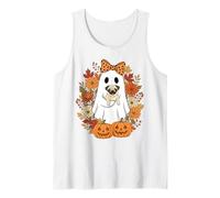 Vintage Halloween Ghost Holding Pug Groovy Floral Camiseta sin Mangas