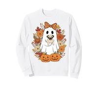 Vintage Halloween Ghost Holding Pug Groovy Floral Sudadera