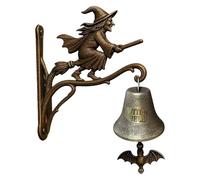 Vintage Halloween Witch | Metal, 12x18cm | Cast Iron Wall Mounted Broom Witch Bell | Outdoor Spooky Door Decor For Porch Garden, Gothic Ornament