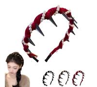 Vintage High Cranium Artificial Pearl Hairband, 2025 New Elegant Braided Pearls Headbands with Teeth, Fashion Hair Accessories for Women Girl, Decorative Hair Bands (Red)