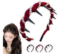 Vintage High Cranium Artificial Pearl Hairband, 2025 New Elegant Non Slip Pearl Headbands, Stylish Bling Hair Hoop for Women and Girls Wedding, Party or Daily Wear (Red)