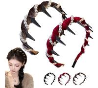 Vintage High Cranium Artificial Pearl Hairband, 2025 New Elegant Non Slip Pearl Headbands, Stylish Bling Hair Hoop for Women and Girls Wedding, Party or Daily Wear (Red+Brown)