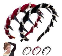 Vintage High Cranium Artificial Pearl Hairband, 2025 New Elegant Non Slip Pearl Headbands, Wide Beaded Bling Head Band for Women Girls Wedding Party (black+red)
