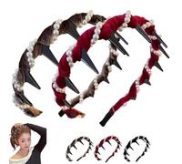 Vintage High Cranium Artificial Pearl Hairband, 2025 New Elegant Non Slip Pearl Headbands, Wide Beaded Bling Head Band for Women Girls Wedding Party (coffee+red)
