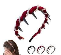 Vintage High Cranium Artificial Pearl Hairband, 2025 New Wide Elegant Non Slip Pearl Headbands for Women and Girls, Bling Hair Fashion Bridal Hair Hoop Rhinestones Hair Accessories (Red)