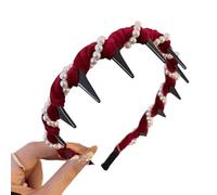 Vintage High Cranium Artificial Pearl Hairband,2025 NewSparkling Diamond Wave Hair Bands,Anti-slip Decorative Hair Bands Fashion Hairs Accessories for Women (pearl-red)