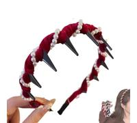 Vintage High Cranium Artificial Pearl Hairband,Bridal Hair Hoop Rhinestones Hair Accessories,Elegant Non Slip Pearl Headbands,Headband with Teeth,1 Second Fluffy High Cranial Top (1pcs-Pearl-red)