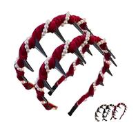 Vintage High Cranium Artificial Pearl Hairband, Elegant Braided Pearls Headbands with Teeth, Fashion Wide Beaded Bling Head Band, Elegant Pearl Headbands for Women (Red #2)