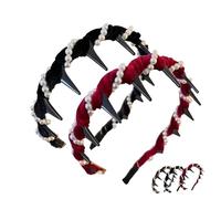 Vintage High Cranium Artificial Pearl Hairband, Elegant Braided Pearls Headbands with Teeth, Fashion Wide Beaded Bling Head Band, Elegant Pearl Headbands for Women (Black+Red)