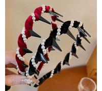 Vintage High Cranium Artificial Pearl Hairband, Elegant Non Slip Pearl Headbands with Teeth Hoop for Women Girls, Wide Beaded Bling Head Band Hair Accessories for Wedding Party (Red+Black)
