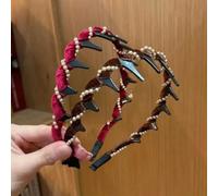 Vintage High Cranium Artificial Pearl Hairband, Elegant Non Slip Pearl Headbands with Teeth Hoop for Women Girls, Wide Beaded Bling Head Band Hair Accessories for Wedding Party (Red+Brown)