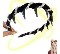 Vintage High Cranium Artificial Pearl Hairband, Vintage Pearl Headbands, Pretty Black Beaded Everyday Headband, Bridal Hair Hoops Rhinestones Hair Accessories, Hairs Bands with Teeth Hoop (Black, L)