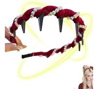 Vintage High Cranium Artificial Pearl Hairband, Vintage Pearl Headbands, Pretty Black Beaded Everyday Headband, Bridal Hair Hoops Rhinestones Hair Accessories, Hairs Bands with Teeth Hoop (Red, L)