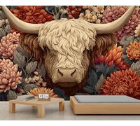 Vintage Highland Cow en Mural Floral, Arte Rural de Ganado, Encantador Adorno para Comedor y Estudio 150x105cm (No es autoadhesivo)