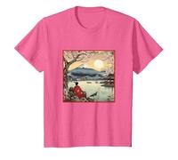 Vintage Japanese Art Cherry Blossoms Japón Woodblock Camiseta, Niños, Rosa Jaspeado, 6 años