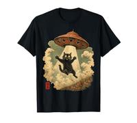 Vintage Japanese Cat UFO Abduction Cat Mom Dad Ukiyo-e Camiseta
