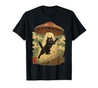 Vintage Japanese Cat UFO Abduction Cat Mom Dad Ukiyo-e Camiseta