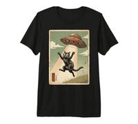 Vintage Japanese Cat UFO Abduction Cat Mom Dad Ukiyo-e Camiseta Premium