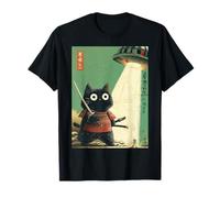 Vintage Japonés Gato Samurai Sumi-e Secuestro Guerrero OVNI Camiseta