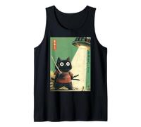 Vintage Japonés Gato Samurai Sumi-e Secuestro Guerrero OVNI Camiseta sin Mangas