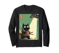 Vintage Japonés Gato Samurai Sumi-e Secuestro Guerrero OVNI Manga Larga