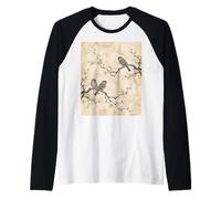 Vintage Japonés Gorriones Sakura Rama Arte Camiseta Manga Raglan