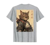 Vintage Japonés Paisaje Samurai Gato Kanji (Arte Back) Camiseta, Hombre, Gris Jaspeado, 3XL