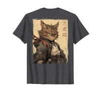 Vintage Japonés Paisaje Samurai Gato Kanji (Arte Back) Camiseta, Hombre, Jaspeado Oscuro, 3XL
