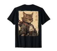 Vintage Japonés Paisaje Samurai Gato Kanji (Arte Back) Camiseta, Hombre, Negro, 3XL