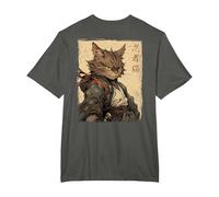 Vintage Japonés Paisaje Samurai Gato Kanji (Arte Back) Camiseta, Hombre Tallas Grandes, Asfalto, 3X Alto
