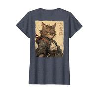 Vintage Japonés Paisaje Samurai Gato Kanji (Arte Back) Camiseta, Mujer, Azul Jaspeado, 3XL