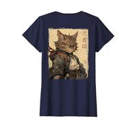 Vintage Japonés Paisaje Samurai Gato Kanji (Arte Back) Camiseta, Mujer, Azul Marino, 3XL