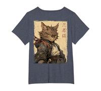 Vintage Japonés Paisaje Samurai Gato Kanji (Arte Back) Camiseta, Mujer Tallas Grandes, Azul Jaspeado, 3XL Grande