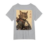 Vintage Japonés Paisaje Samurai Gato Kanji (Arte Back) Camiseta, Mujer Tallas Grandes, Gris Jaspeado, 3XL Grande