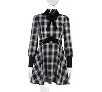 Vintage Kawaii A Cuadros A-Line Vestido Dark Preppy Pajarita Solapa Manga Larga Mini Vestido Gótico-Negro,S