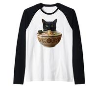 Vintage Kawaii Anime Negro Gato Comiendo Ramen Japonés Camiseta Manga Raglan