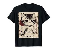 Vintage Kawaii Samurai Ninja Cat Anime Japonés Divertido Niños Camiseta