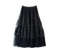 Vintage Lace Skirt Women Spring Summer Midi Long Tulle Skirts Female Winter Party Clothes Solid Color Sweet Mesh Cake Lady(Black)