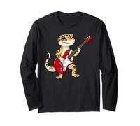 Vintage Leopard Gecko Reptiles Punk Music Playing Guitar Manga Larga