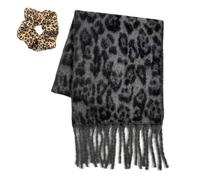 Vintage Leopard Texture Tassel Scarf,Cozy Cheetah Pattern Winter Scarves,Double-Sided Warm Thick Neck Warmer (Gray)