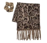 Vintage Leopard Texture Tassel Scarf,Cozy Cheetah Pattern Winter Scarves,Double-Sided Warm Thick Neck Warmer (Light brown)