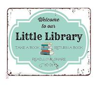 Vintage Little Library Sign Rustic Metal Tin Plaque Welcome Wall-Art for Porch Garden Decor 8 X 12 in