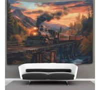 Vintage Locomotora de vapor Tapiz Para Colgar En La Pared,Old Wooden Bridge Sunset in The Mountains Tapices Arte De Pared Estético Decoración Del Hogar Para Sala De Estar Dormitorio 150cmx200cm